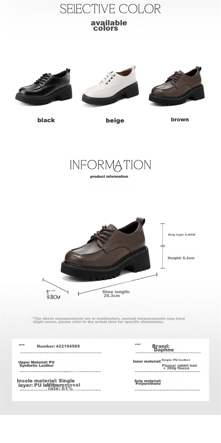 DAPHNE Women's Single Shoes, New Spring Style, British-Style Loafers, Thick-Soled Heightening Leather Shoes, Versatile Women's Footwear, Black, Size 35 3