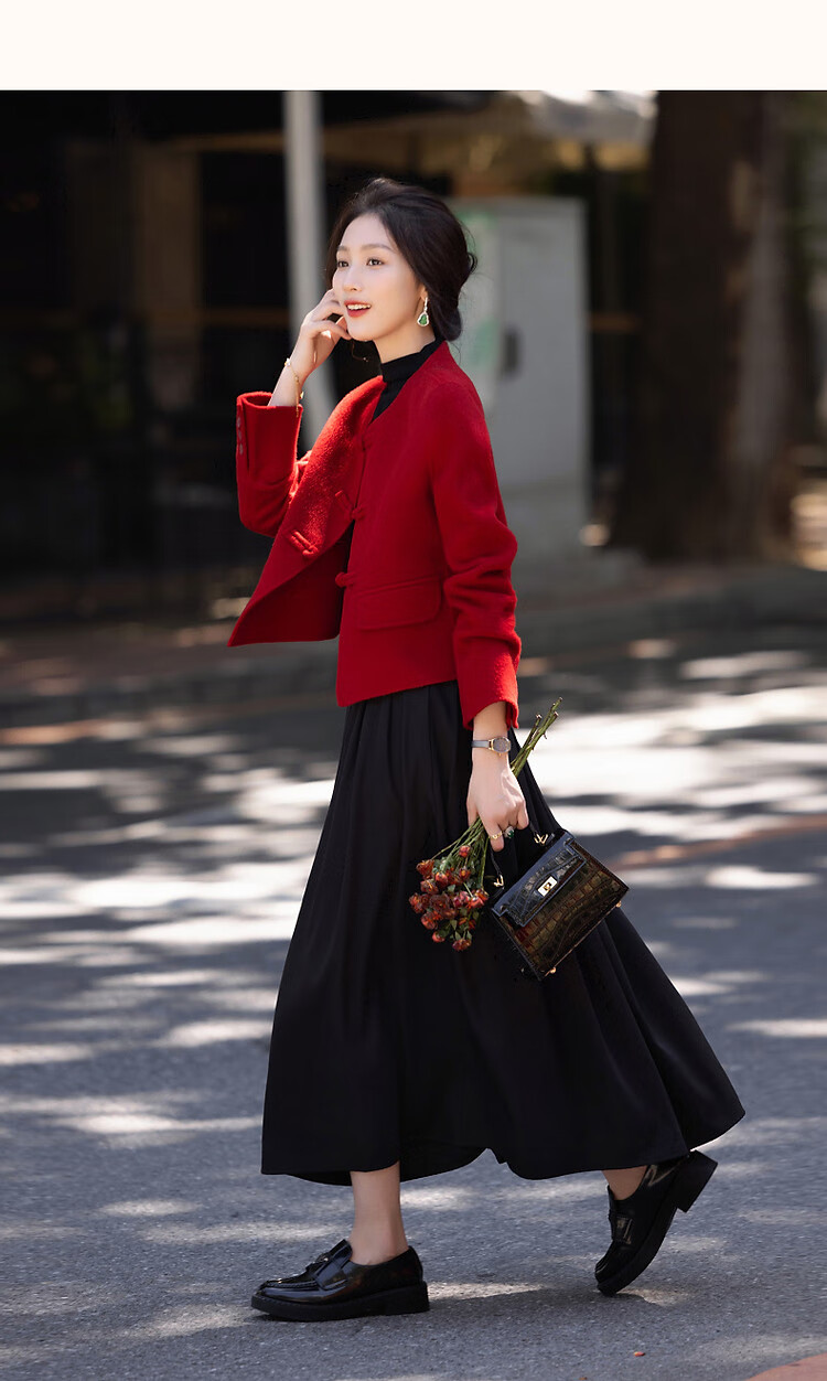 DME Spring New Year Chinese Style New Mid-Length Double-Sided Wool Felt Sheep Wool Frog Button Coat Women Outerwear Dark Red L 8