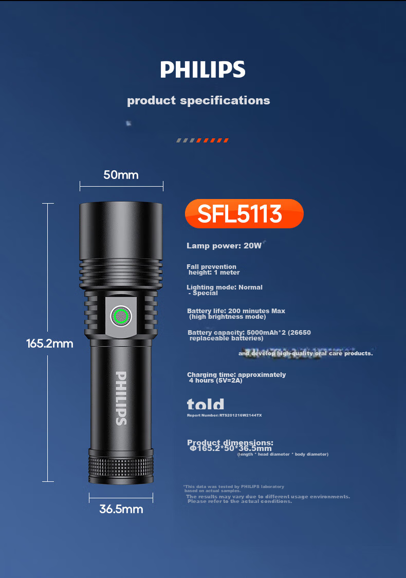 PHILIPS Flashlight, High Brightness, Long Battery Life, Home Use, 200000 Lumens, Sky Piercing, Military Grade, Outdoor Lighting, Emergency Light 24
