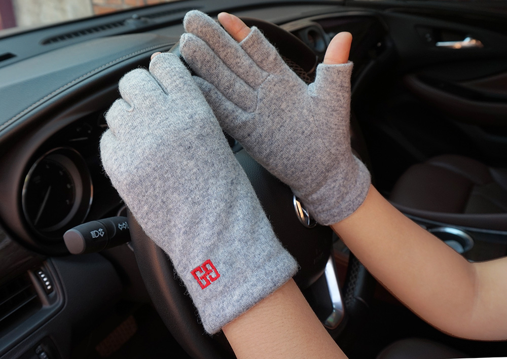 冬季简约休闲双层加绒加厚露指触屏半指羊毛柔软手套开车骑行御寒手套