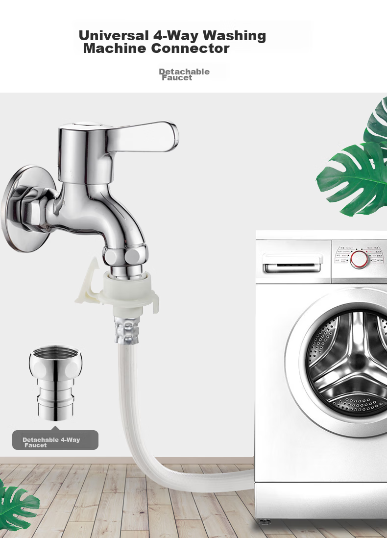 HSPA Washing Machine Faucet, One Inlet Two Outlets, Copper Material Double-Head Faucet, Single Cold Quick-Open 4-Point Spout, Universal 5112 8