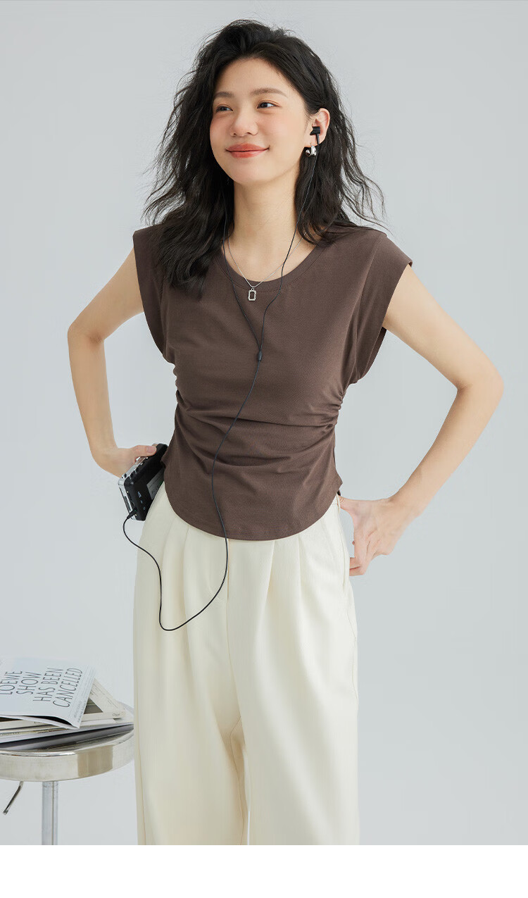 DME Sleeveless T-Shirt with U-Neck Design, Waist-Cinching, Comfortable, Slightly Hot, Slim-Fit Tee, Milk Coffee Color, Size S 15
