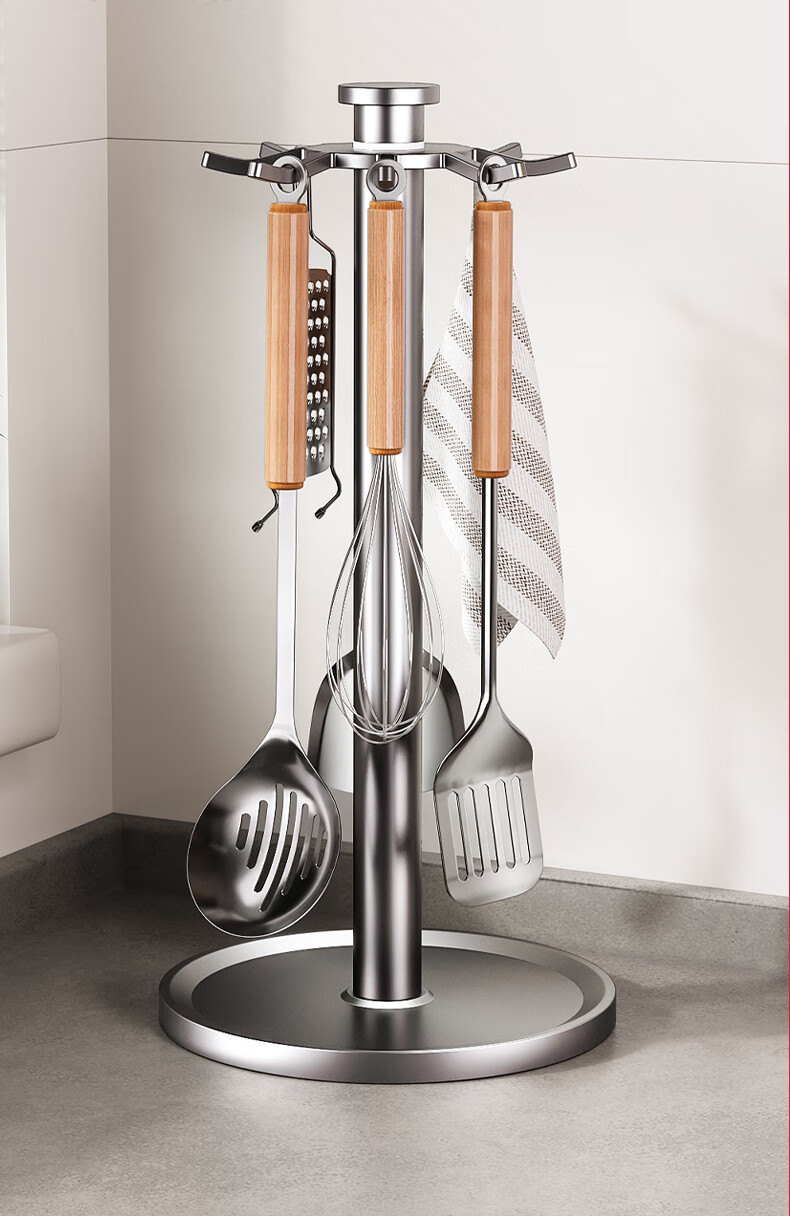 Meichu Kitchen Multifunctional Rotating Storage Rack with Pot and Spatula Hooks, Ladle Holder Organizer 7