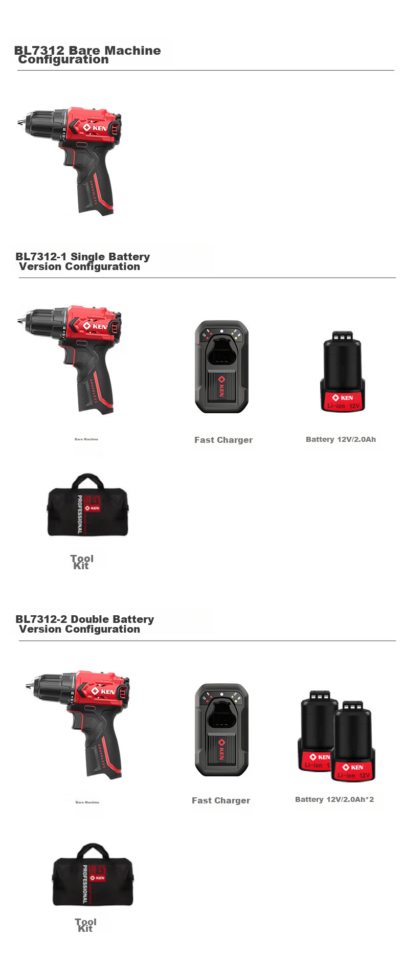 KEN Lithium Battery Drill, Brushless Electric Drill, Rechargeable Drill, Household 12V Screwdriver, BL7312 Bare Tool, Electric Power Tool, Screwdriver Machine 16