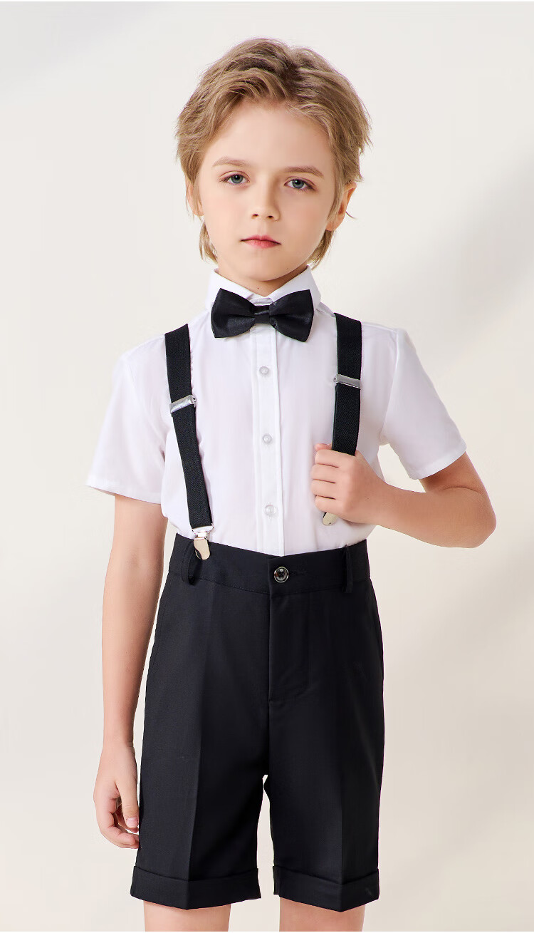 Luomeng Boys' Formal Wear Summer Children's Graduation Performance Outfit Kindergarten Suspender Pants Flower Girl Black Set 140 2