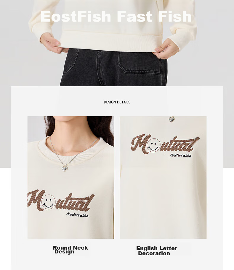 Kuaiyu Autumn And Winter New Fleece-Lined Sweatshirt for Women with Creative Letter Print, Long-Sleeve Top, Exquisite Embroidery, Warm Inner Wear 2