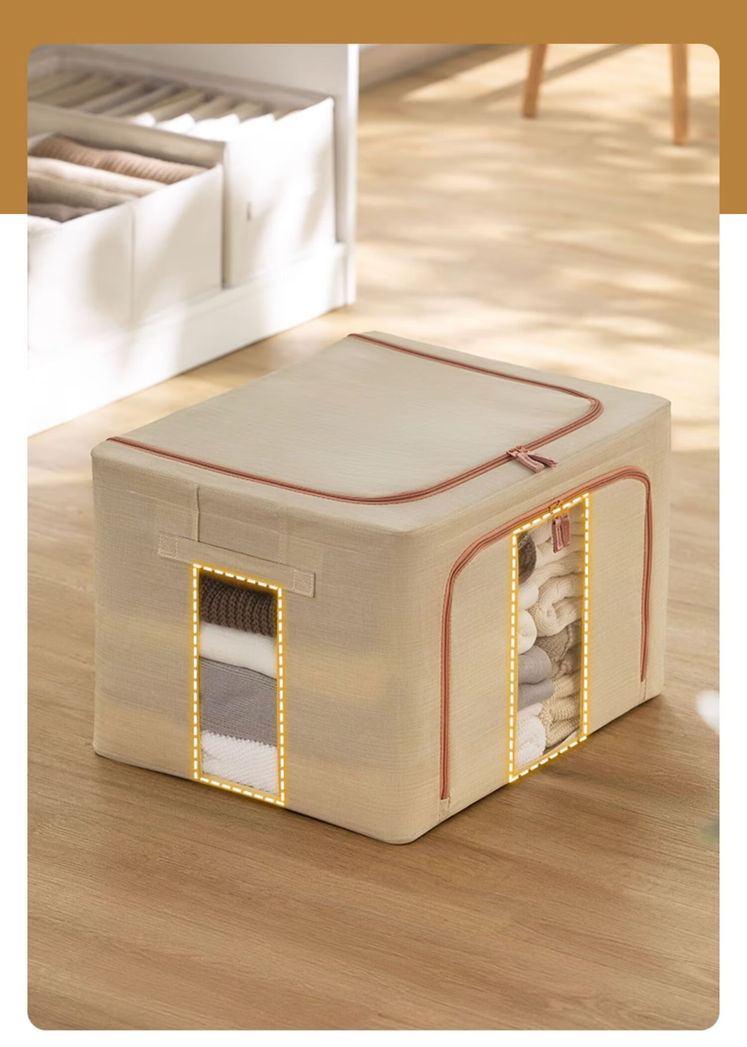 CHAHUA Storage Box, Fabric Folding Organizer, Stackable, 66 Liters, Beige, Under-Bed Storage, Dormitory Storage 7