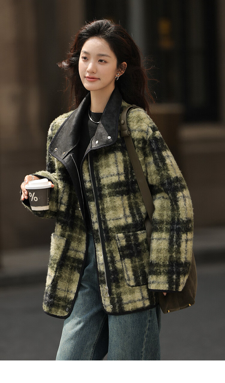 Dme [Vintage Elegant Top] Eye-Catching Plaid Green Relaxed Faux Shearling Jacket for Wome 9