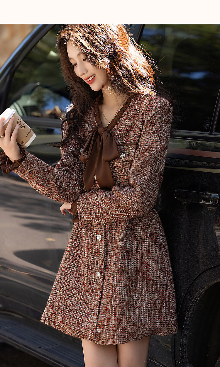 DME "Qianjin Madeleine" Winter Academy Little Chanel Style Chiffon Ruffle Hem Contrast Color Metal Buckle Concealed Flesh Women's Dress 10