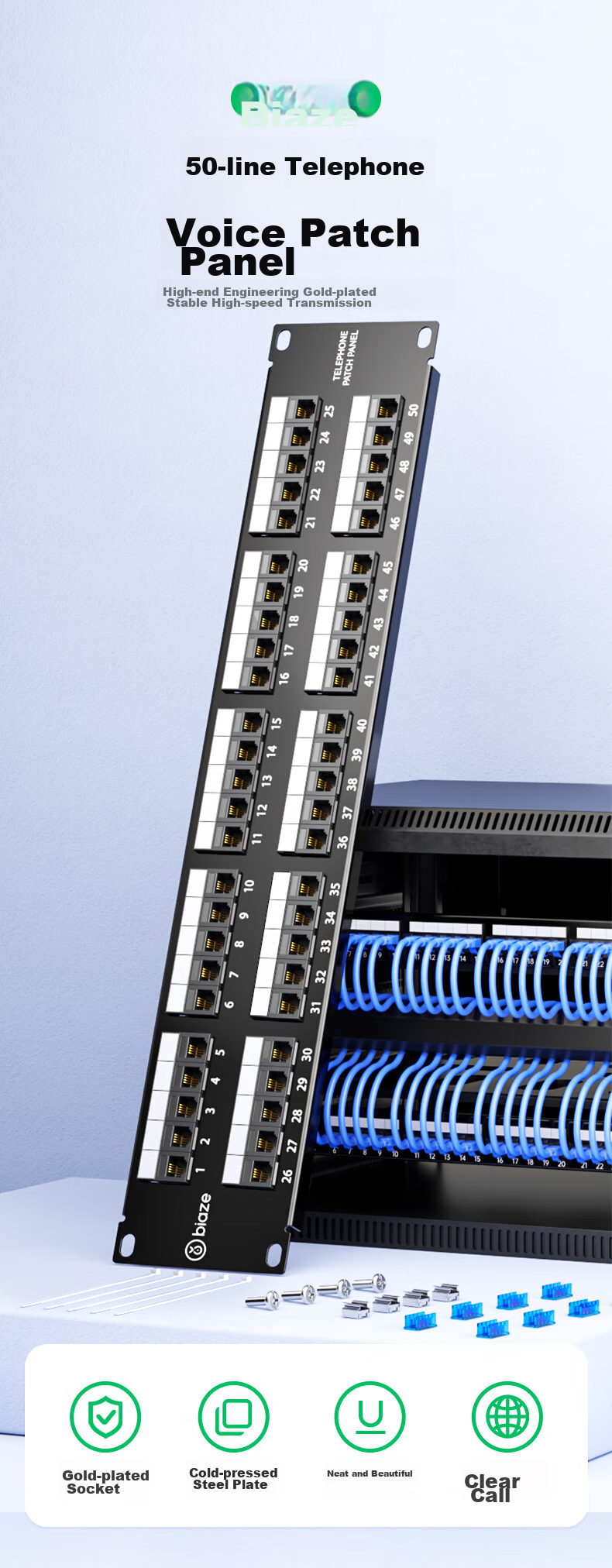 BIAZE 50-Port Telephone Patch Panel, Voice Patch Panel, Engineering-Grade Thickened Gold-Plated RJ11 Telephone Line Crystal Head Direct Plug Patch Panel Rack Module-Type Wire Organizer 1