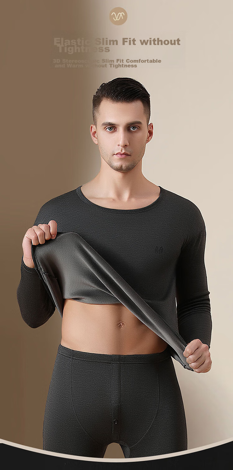 Hengyuanxiang [Cashmere] Thermal Underwear for Men, Fleece-Lined Thickened Mid-High Collar Autumn Top And Pants Set, Men's Winter Cold-Resistant Outfit 12