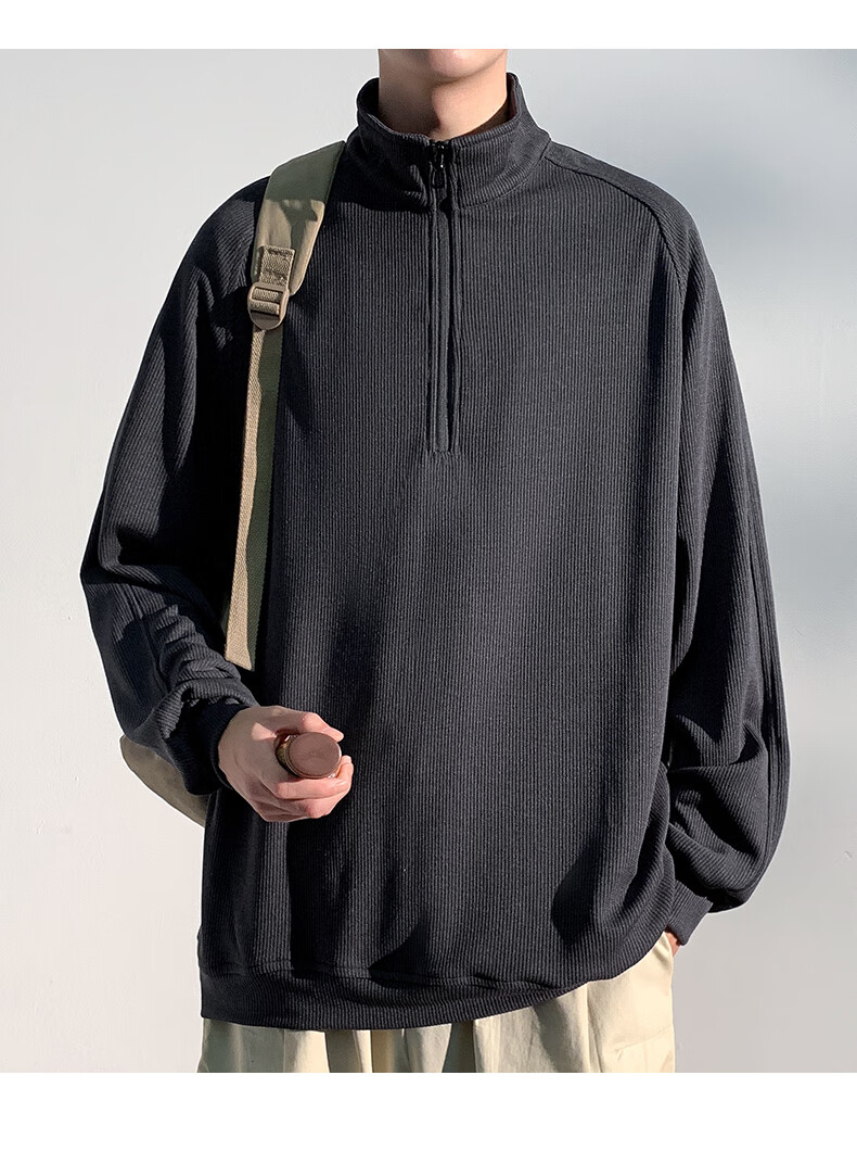Homlean American-Style High-Quality Hoodie for Men, Autumn Loose-Fit Trendy Pullover Stand-Collar Half-Zip Base Layer HM06 Gray L 21