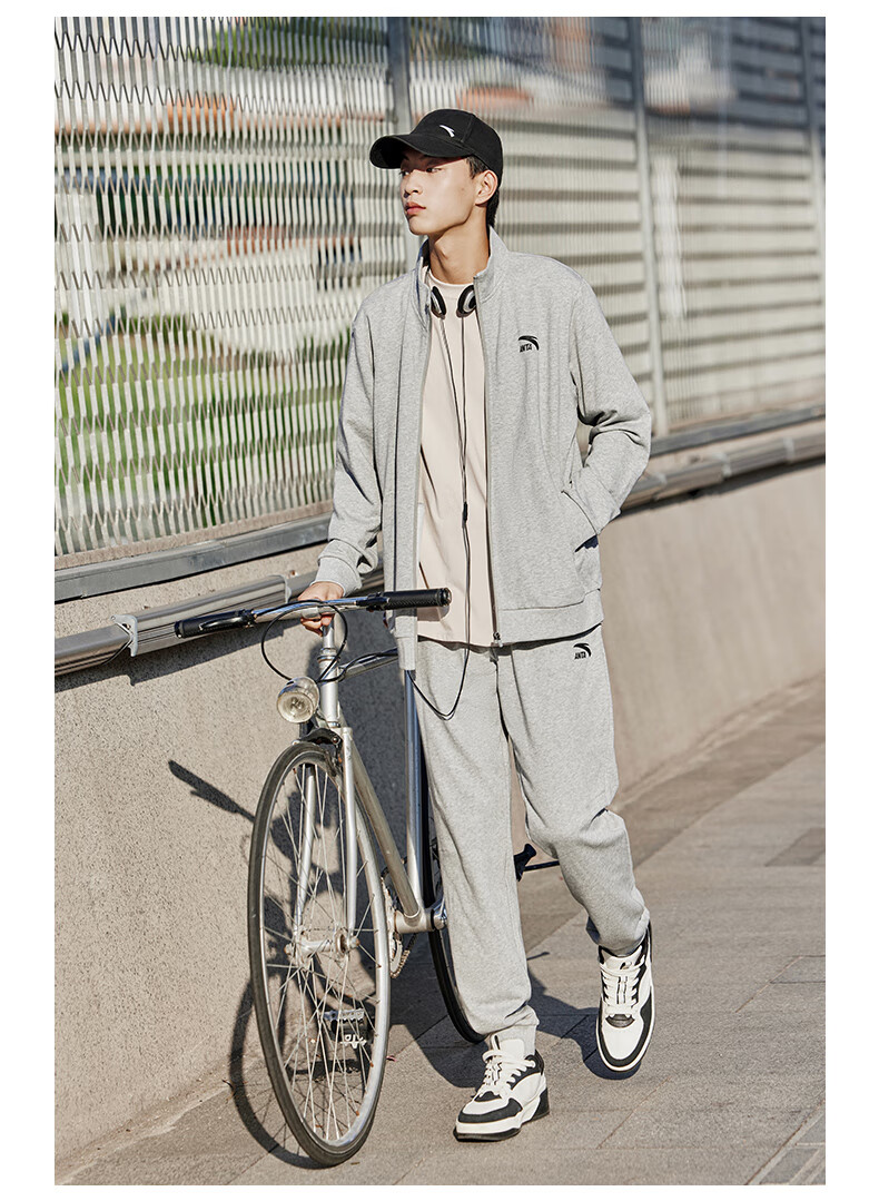 Anta Men's Fleece-Lined Sports Set Spring Windproof Stand Collar Zip-Up Jacket and Pants Sportswear Casual Pants 23