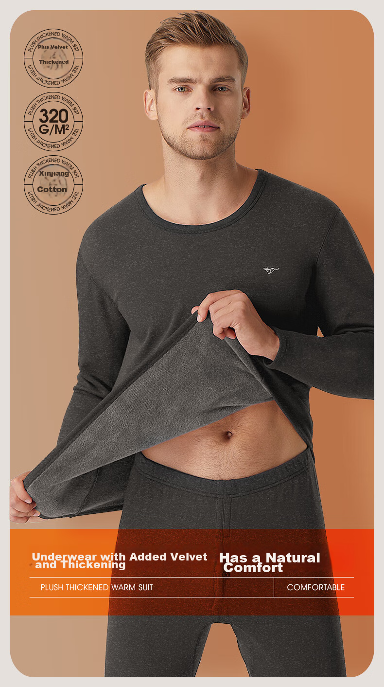 SEPTWOLVES [Double Warm] Thermal Underwear for Men, Fleece-Lined Thick Autumn And Winter Base Layer, Round Neck Inner Wear Set for Me 2