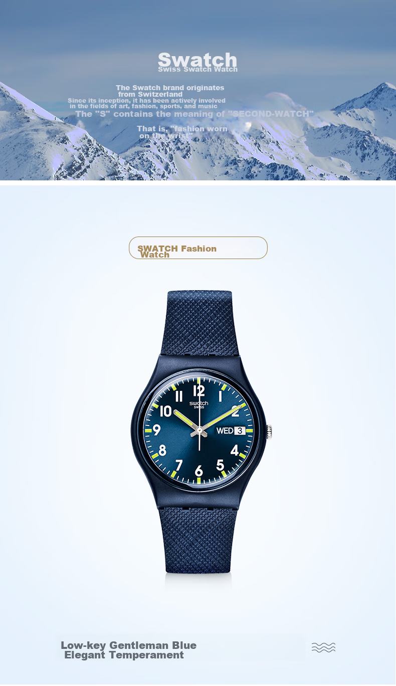 Swatch Swiss Watch, Dual Calendar for Middle And High School Students' Exams, Men's Quartz Wristwatch, Graduation Gift, Gentleman Blue 2.0 1