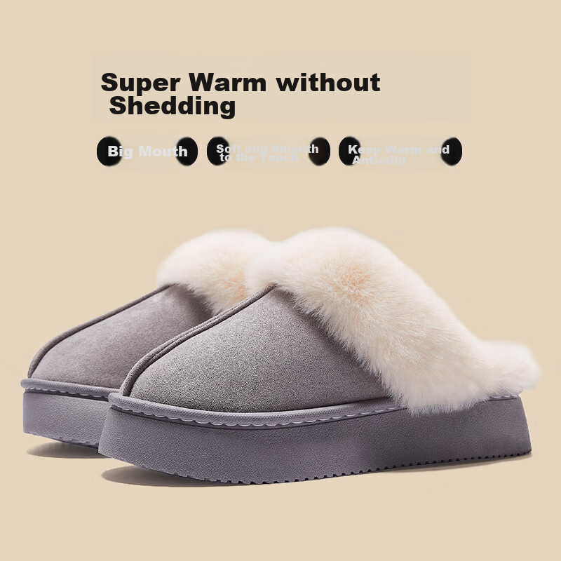 GUOLUOFEI Leather And Fur Integrated Thick Cotton Slippers for Men And Women, Home And Outdoor Wear, Furry Fleece-Lined Warm Couple Style, Gray, Size 42-43