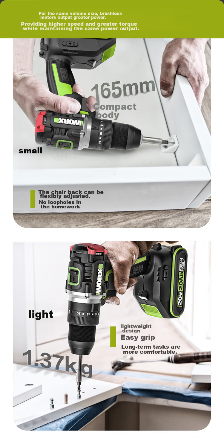 WORX 20V Brushless Impact Drill WU369.1 (Single Battery), Electric Drill with Lithium Battery, Pistol Drill for Home Use, Wall Drilling 12
