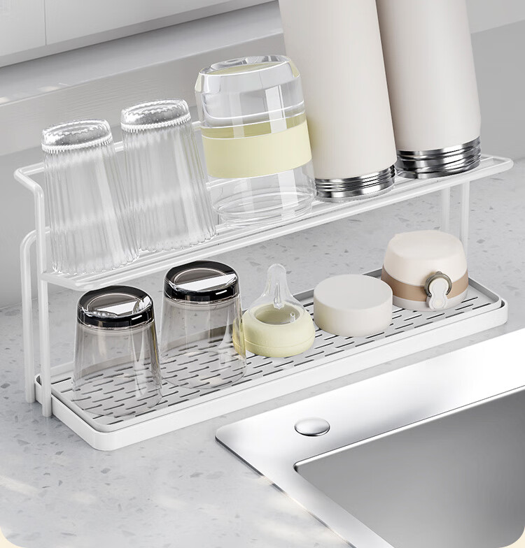 Shengxitao Cup Holder, Kitchen Draining Storage Rack, Multifunctional Double-Layer Water Cup And Tea Set Storage Shelf, Draining Tray, Home Countertop Cup Rack 5