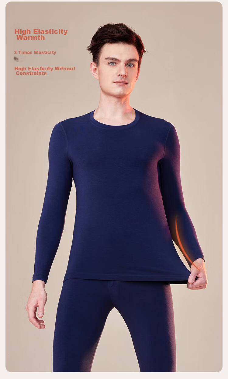 Ordifen [Wool Modal Set] Men's Thermal Underwear, Winter Round Neck Top And Pants, Seamless Navy Blue, Size L 12