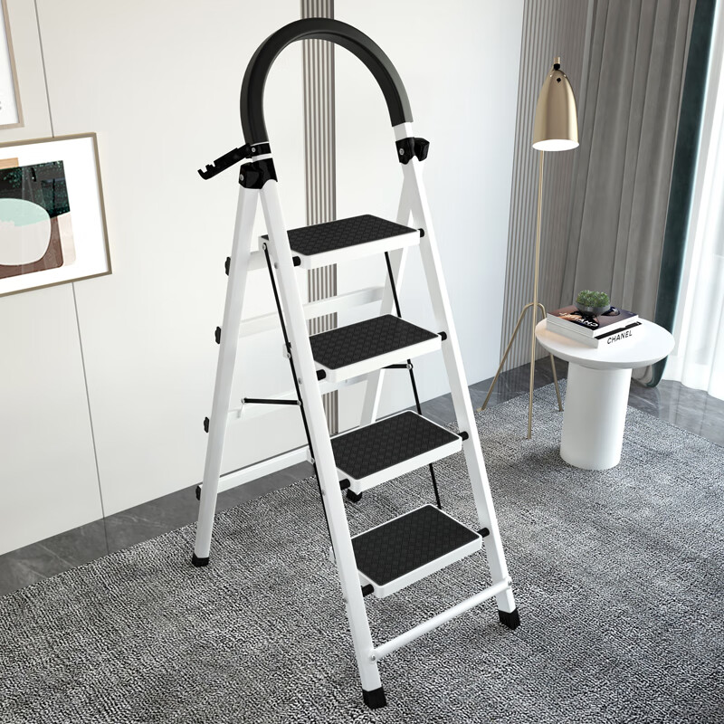 Yilinju Folding Ladder, Household Safety A-Frame Ladder, Extendable Multi-Functional Staircase, Convenient Handrail Ladder, Thickened Safe Step Ladder, White Four