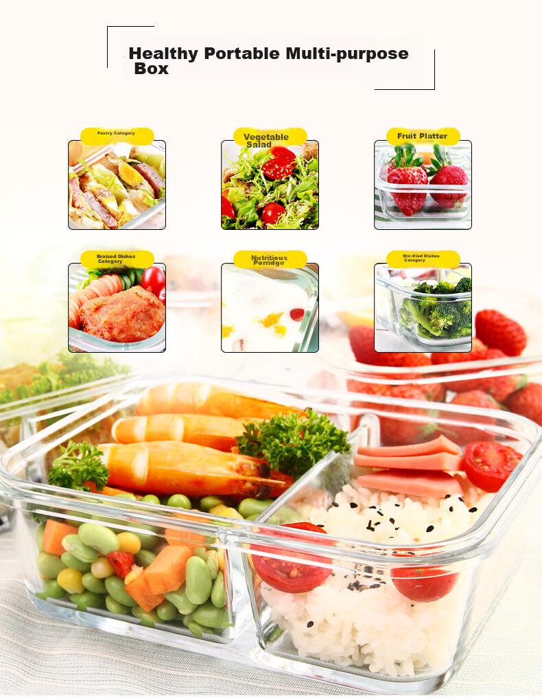 Chuangde Heat-Resistant Glass Food Storage Container, Microwave-Safe Lunch Box, Refrigerator Organizer Bento Bowl Meal Container, Heightened 3-Compartment 1020ml 14