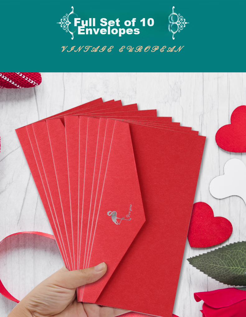 LISON 1536 Western-Style Envelopes, Red, 10 Pieces/pack, Vintage Simple Business Gold-Stamped Envelopes And Letter Paper with Sealing Stickers, Love Letter Set, European Style Envelope Bags 2
