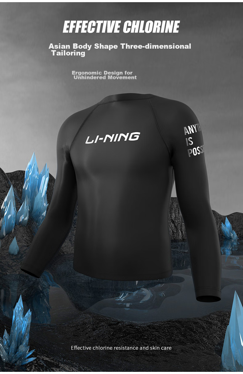 Li-Ning Men's Long Sleeve Swimsuit, Anti-Embarrassment, Hot Spring Surfing Suit LSLR223, Long Sleeve Black, XL 5