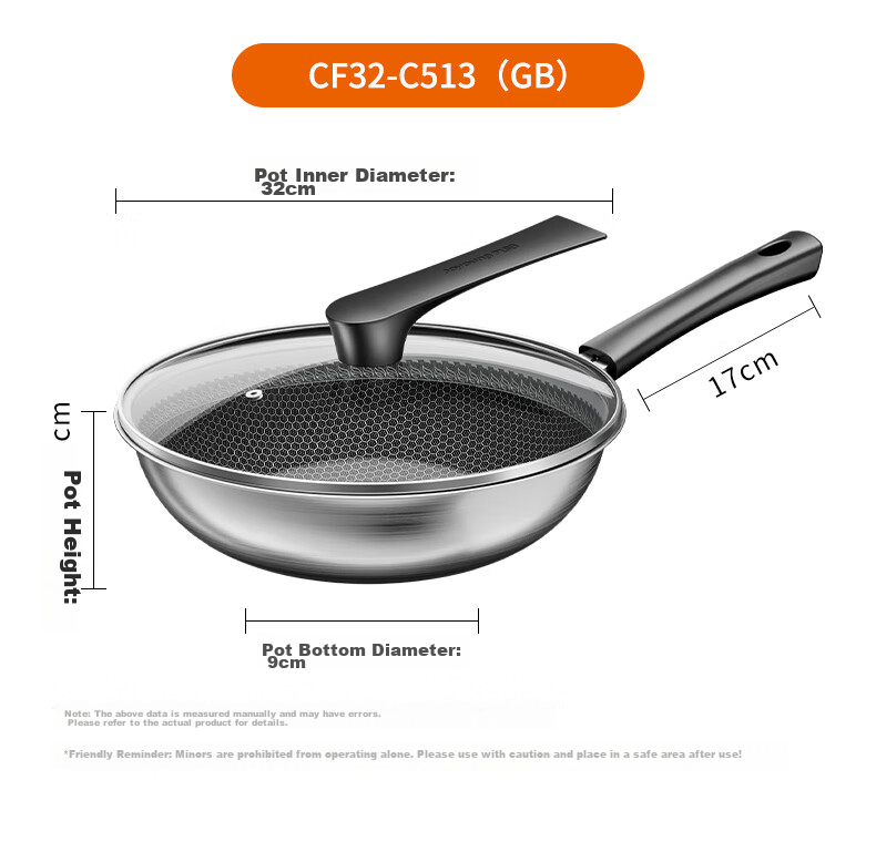 Joyoung Non-Stick Wok, 304 Stainless Steel Honeycomb Wear-Resistant Flat-Bottom Frying Pan, Compatible with Stove, 32cm, Visible And Removable Lid 13