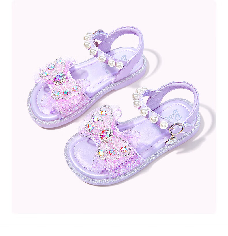 Barbie Children's Shoes, Summer Kids' Sandals, Girls' Butterfly Bow Open-Toe Sandals, Crystal Shoes DA5939, Light Purple, Size 28 5