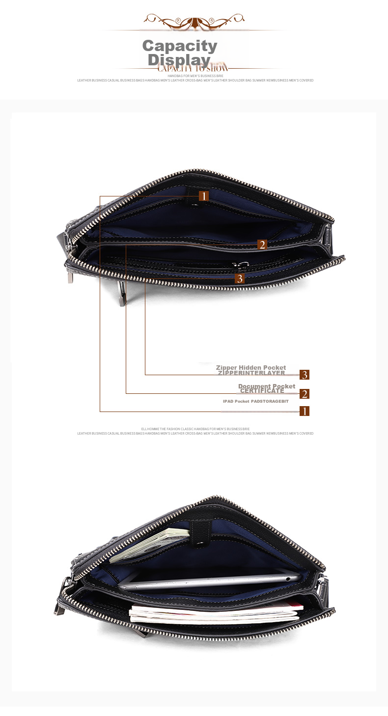 ELLE HOMME Men's Business Shoulder Bag, Fashionable Top-Grain Leather Crossbody Bag with Large Capacity, Lychee Pattern Men's Bag EA088204740 Black Birthday Gift for Boyfriend 4