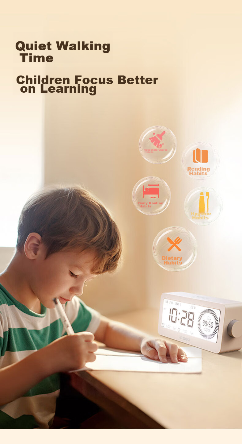 Deli Visual Smart Alarm Clock Timer, Student-Specific Wake-Up Device with Backlight Bedside Clock And Thermometer, Essential for Back-To And Graduation Seasons, LE107 White Gift 7
