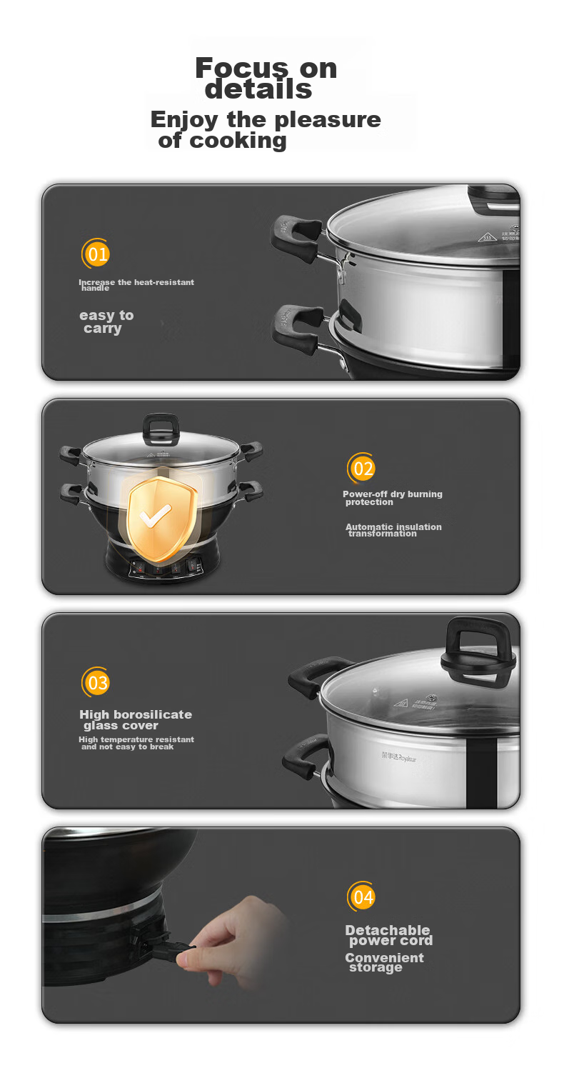 Royalstar Electric Wok, Steamer Pot, Cooking Pot, Shandong Pot, Household Cast Iron Stew And Steam Cooker, Non-Stick Pan, Multi-Functional Steamer for Buns, RDQJ3-34 Single Steamer Appliance 16