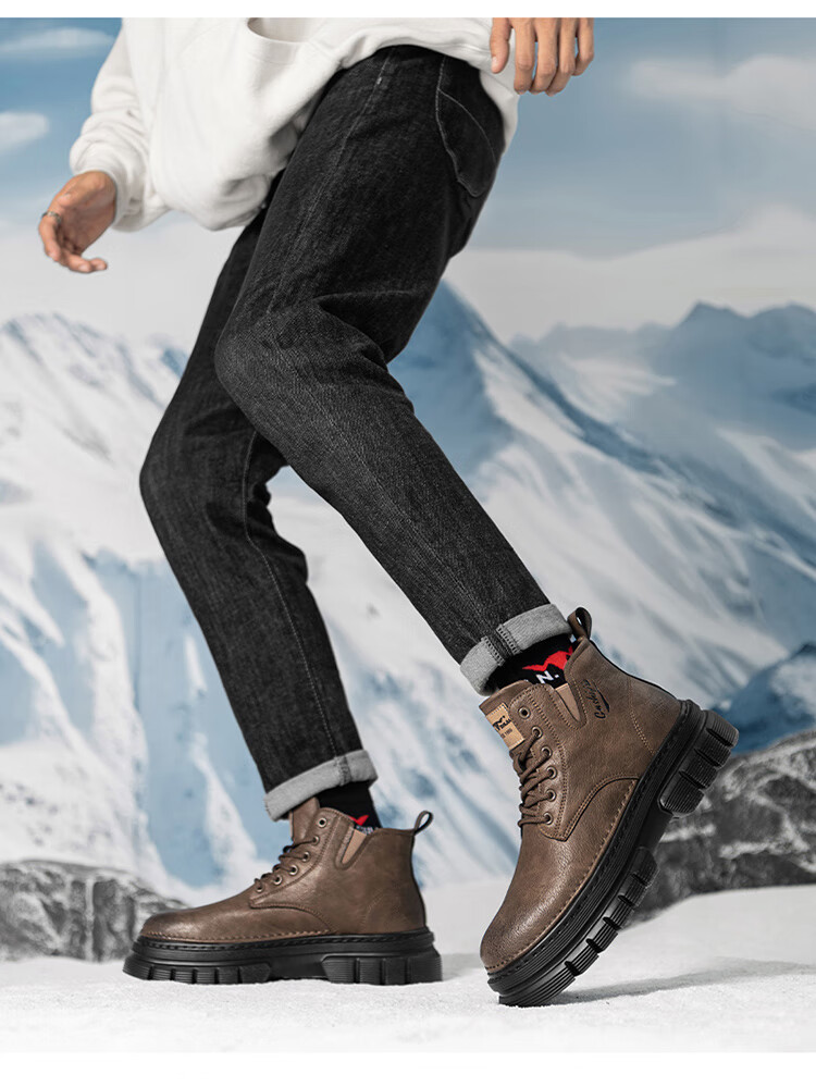 Bull Family Men's Autumn Winter British Style Martin Boots High-top Retro Versatile Work Boots Thick-soled Durable Shoes for Men 38