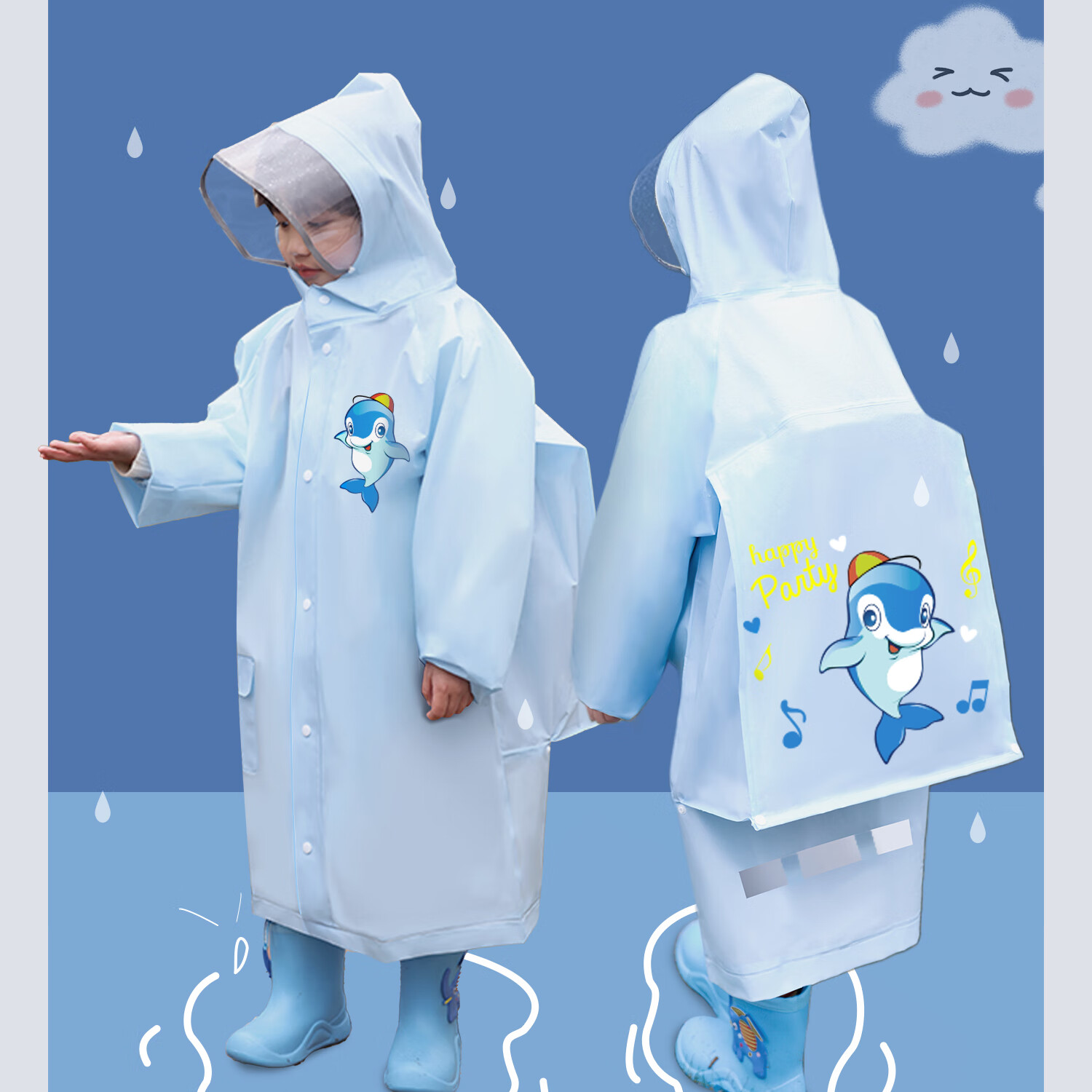 Moremerry Children's Raincoat for Boys And Girls, Full-Body Waterproof with Backpack Space, Elementary School Students' Specialized Rain Poncho, Little Dolphin Design, Size 3XL 21