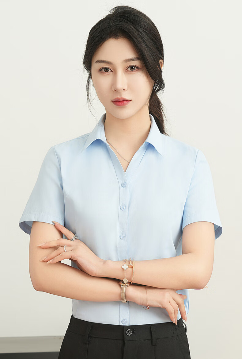 ROMON Cotton Short Sleeve Shirt Women V-Neck Business Casual Slim Fit Workwear Commuting White Shirt 3