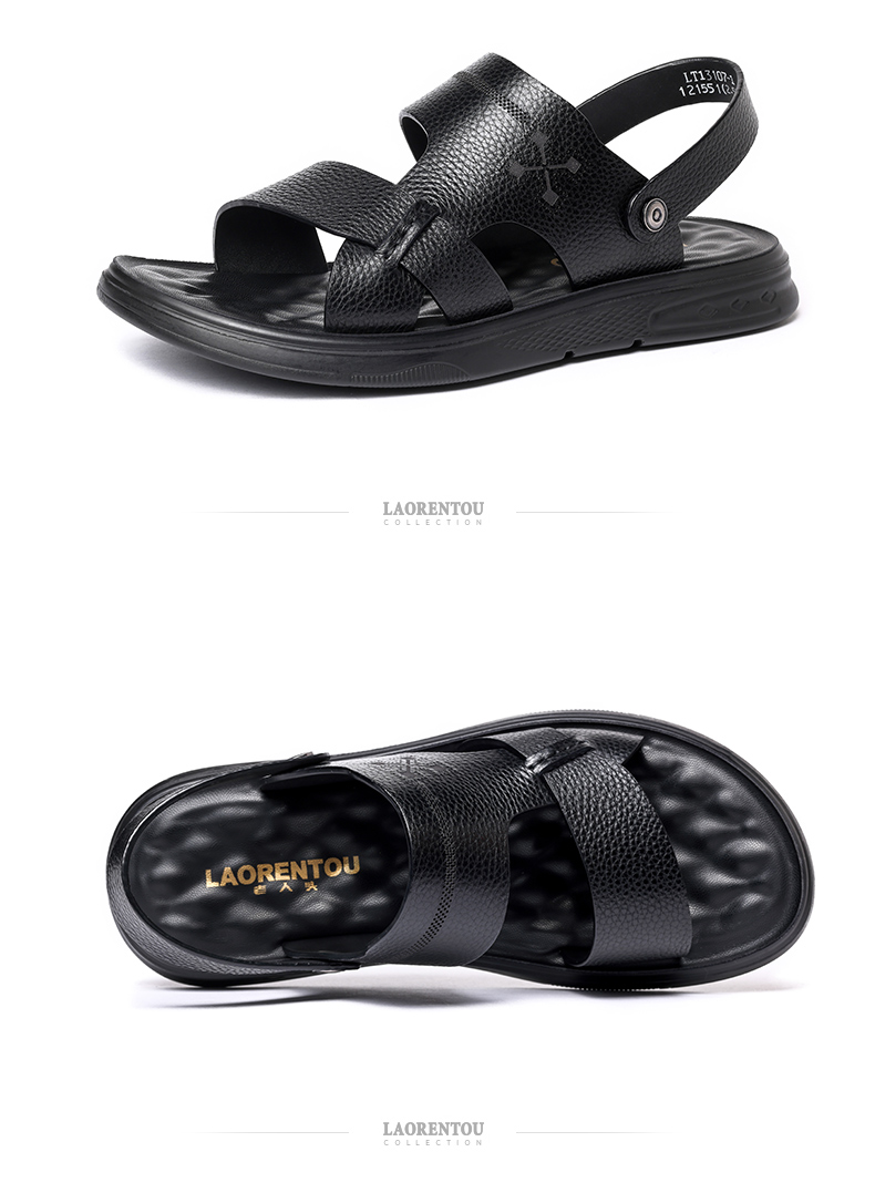 LAORENTOU Men's Beach Sandals, Summer Breathable Metal Buckle Lychee Pattern Shoes Slippers Dual-Use Versatile Casual Sandals Men's Footwear LT13107 Black Size 42 7