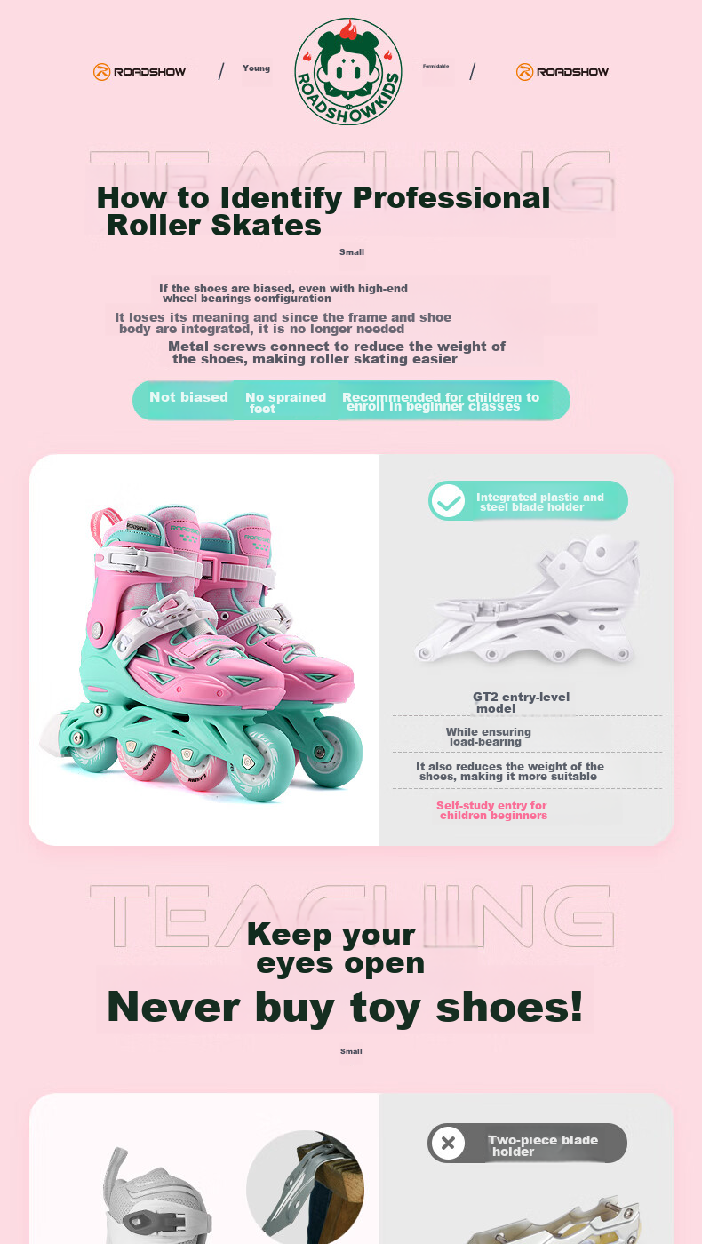 ROADSHOW Kids Roller Skates 6-12 Years Professional Casual Inline Skates S Size Peach Pink Set 6
