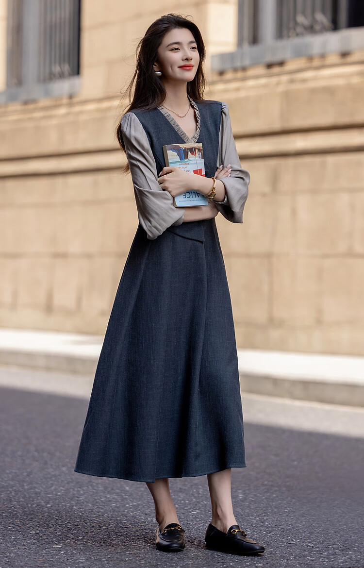 Dme [Ambiance Expert] Spring And Autumn Vintage Faux Two-Piece Ruffle V-Neck Puff Sleeve Waist-Cinching Pleated Women's Dress 10