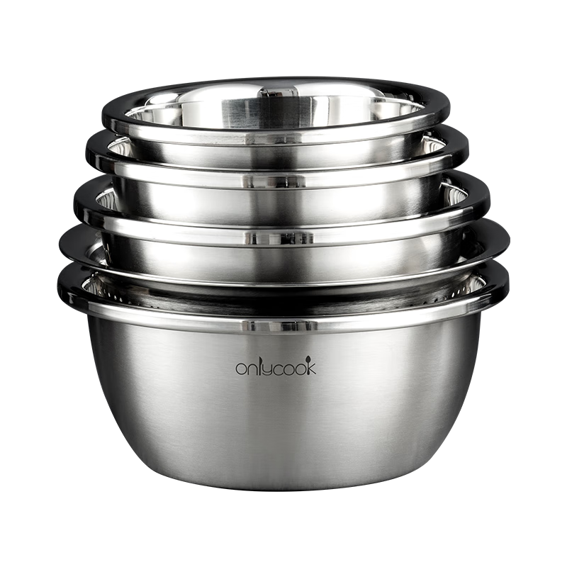 Onlycook 304 Stainless Steel Bowl And Strainer Set, Large Thick with Draining Basket, Vegetable Washing Bowl, Rice Washing Sieve And Dough Mixing Bowl, 5-Piece Set