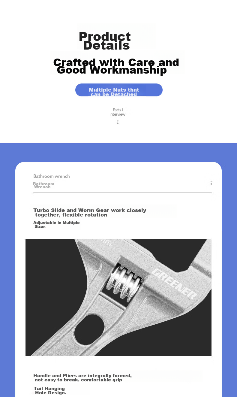 GREENER Adjustable Wrench, Plumbing Wrench for Home Use, Universal Wide-Mouth Wrench, Short-Handle Pipe Wrench, Multi-Functional Spanner 10