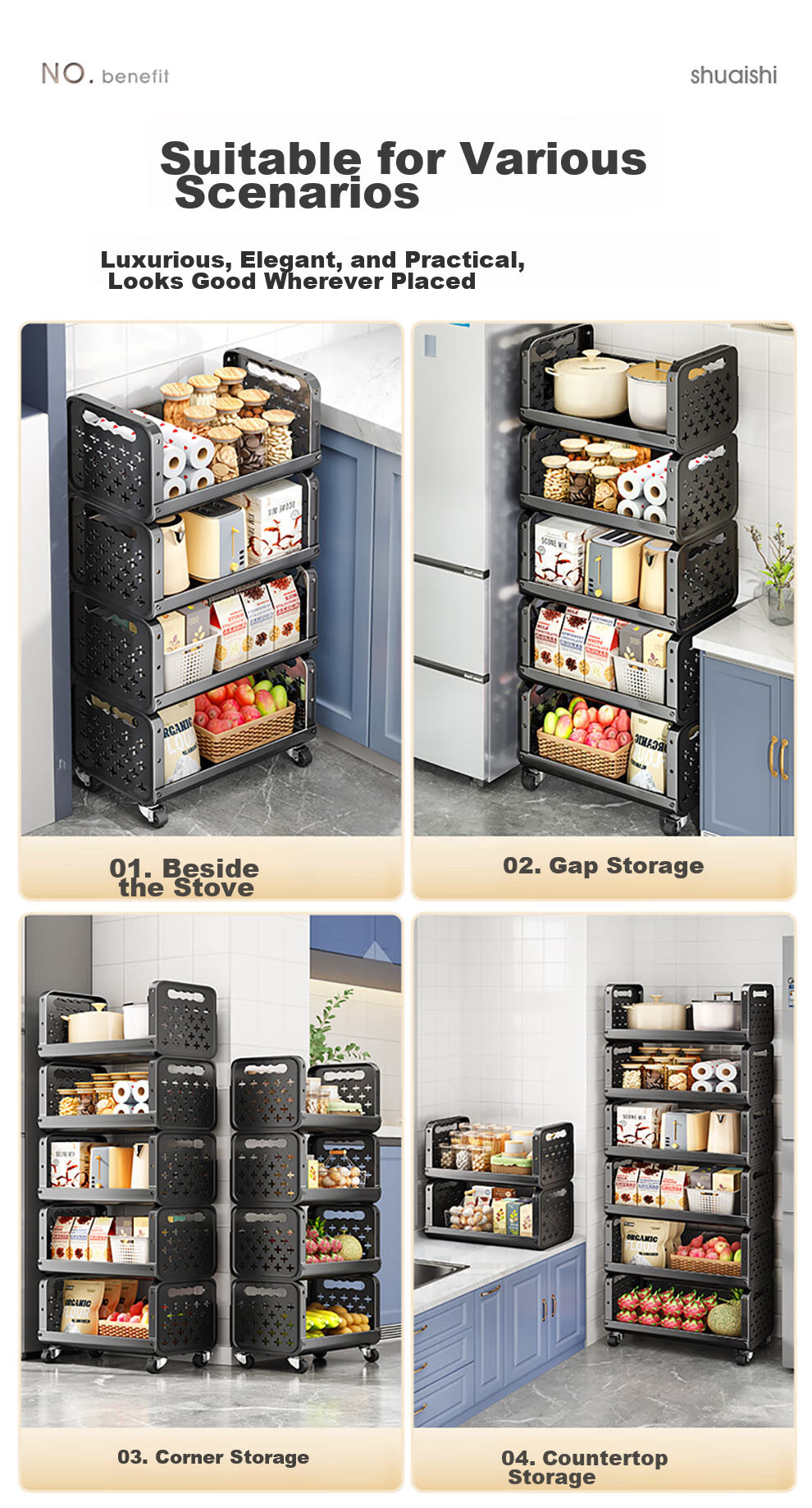 Shuaishi Kitchen Storage Rack, Fruit And Vegetable Organizer, Vegetable Shelf, Snack Trolley, Floor-Standing Basket 8