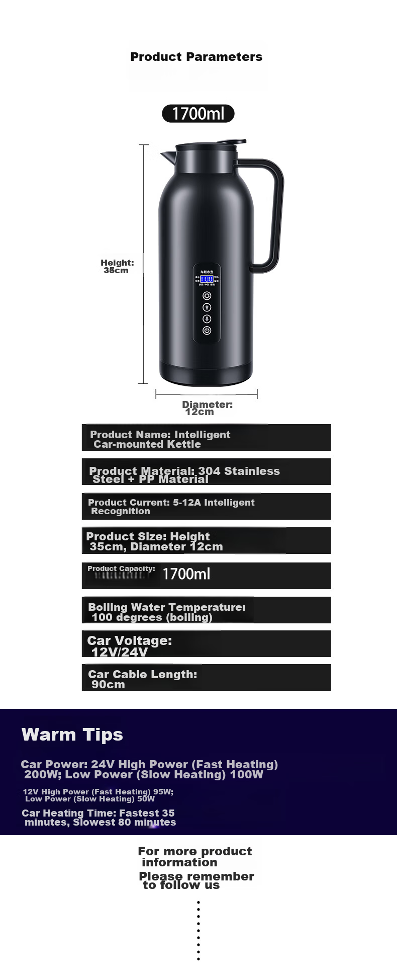 SECRETSBOX 1.5L Car Kettle, 12V/24V Universal for Cars And Trucks, Smart Large Capacity Car Hot Water Kettle with Electric Heating 16