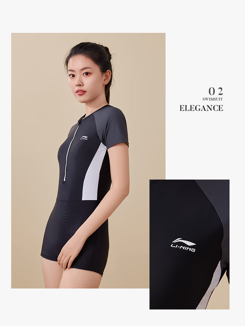 Li-Ning One-Piece Swimsuit for Women, Square-Leg Swimming Costume, Professional Athletic Conservative Slimming Hot Spring Swimwear, 4631 Black And Gray, Size L 14