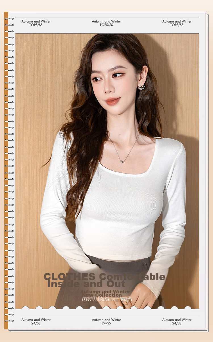 NOME Straight Shoulder Square Neck T-Shirt for Women, Inner Layer Undershirt, Spring Autumn Summer Tight-Fitting Hot Girl Long Sleeve Short Top, Black, Size S 3
