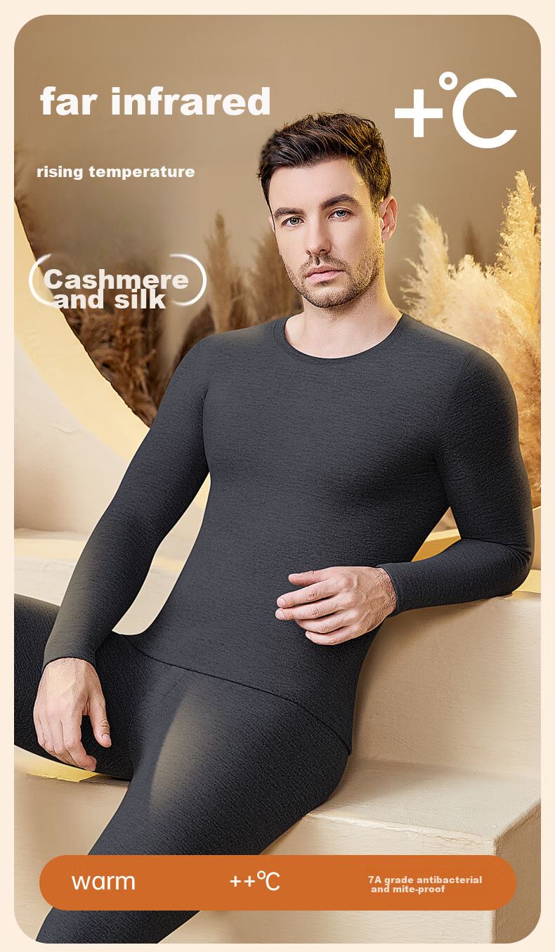Hengyuanxiang [Cashmere Silk] Autumn And Winter 10A Grade Antibacterial Anti-Mite Thermal Underwear Men's Autumn Top And Pants Set, Black 1