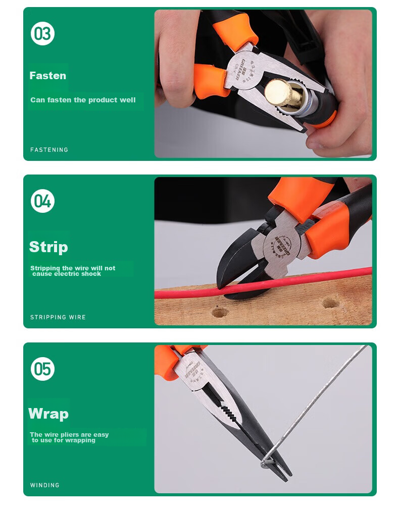 GREENER Needle-Nose Pliers, Electrician's Pliers, 8-Inch Household Pliers, Labor-Saving Industrial-Grade Multifunctional Wire Cutters, Line Snips, Wire Breaker 11