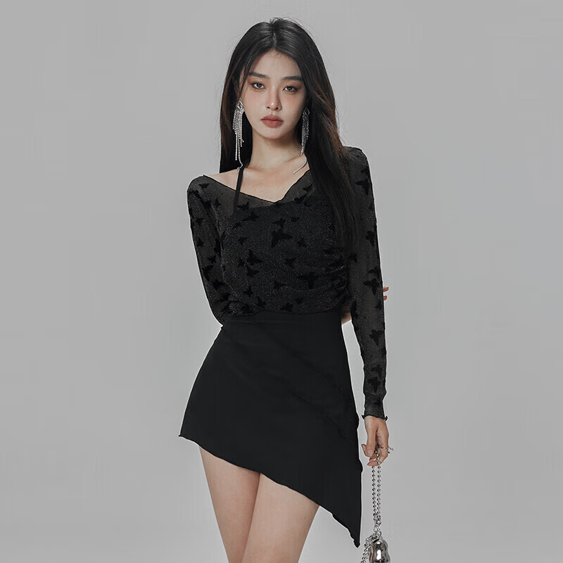 OMOM Women's Swimsuit Summer One-Piece Dress Style Sexy Slimming Tummy-Covering Hot Spring Conservative Plus Size Swimwear Black M (Recommended for 88-98 Jin)