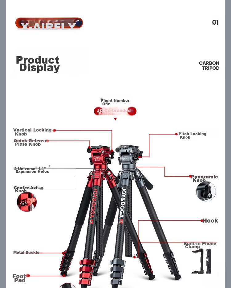 Fotopro X Joy Collaboration Edition, Flying One, Horizontal And Vertical Shooting Hydraulic Head, Carbon Fiber Camera Mirrorless Photography And Videography Tripod, Original Carbon Gray, Includes Phone Clamp 5