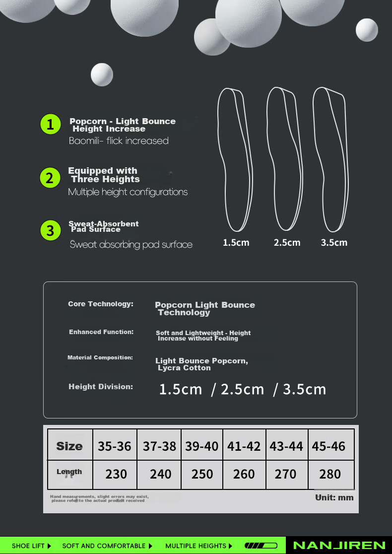 Nanjiren Height-Increasing Insoles for Men And Women, Full Insoles for Leather Shoes, Sports Invisible Shock-Absorbing Insoles, 1.5cm35-36 16