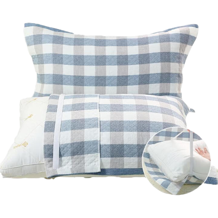 Grace Pure Cotton Pillowcase, All-Cotton Gauze, Anti-Slip Pillow Cover, Blue Plaid Tie, 52*78